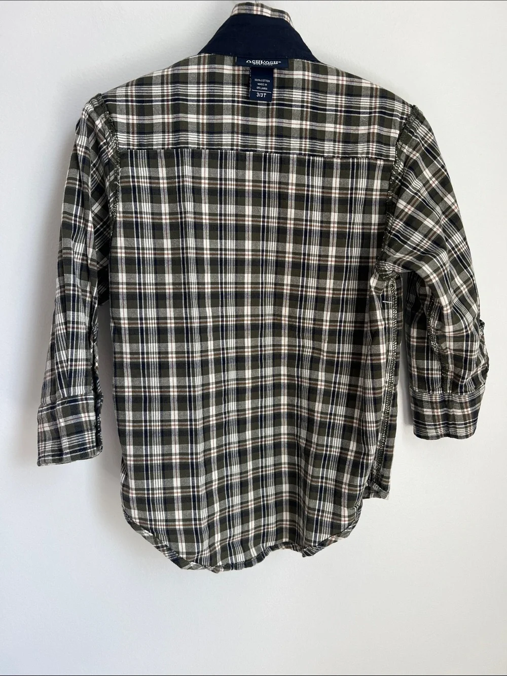 OshKosh B'gosh | 100% Cotton Olive Cream Navy Plaid Button-Down Shirt NWT Sz 3T